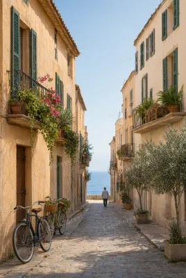 A person walks down a narrow cobblestone street between ochre buildings toward the ocean, with bicycles parked in the foreground.