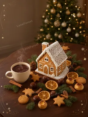 A gingerbread house, hot chocolate, and holiday cookies on a wooden table with a Christmas tree in the background.