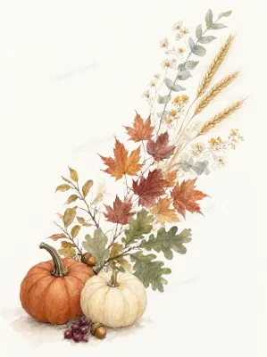 Watercolor painting of orange and white pumpkins with autumn leaves, wheat, and acorns on a white background.