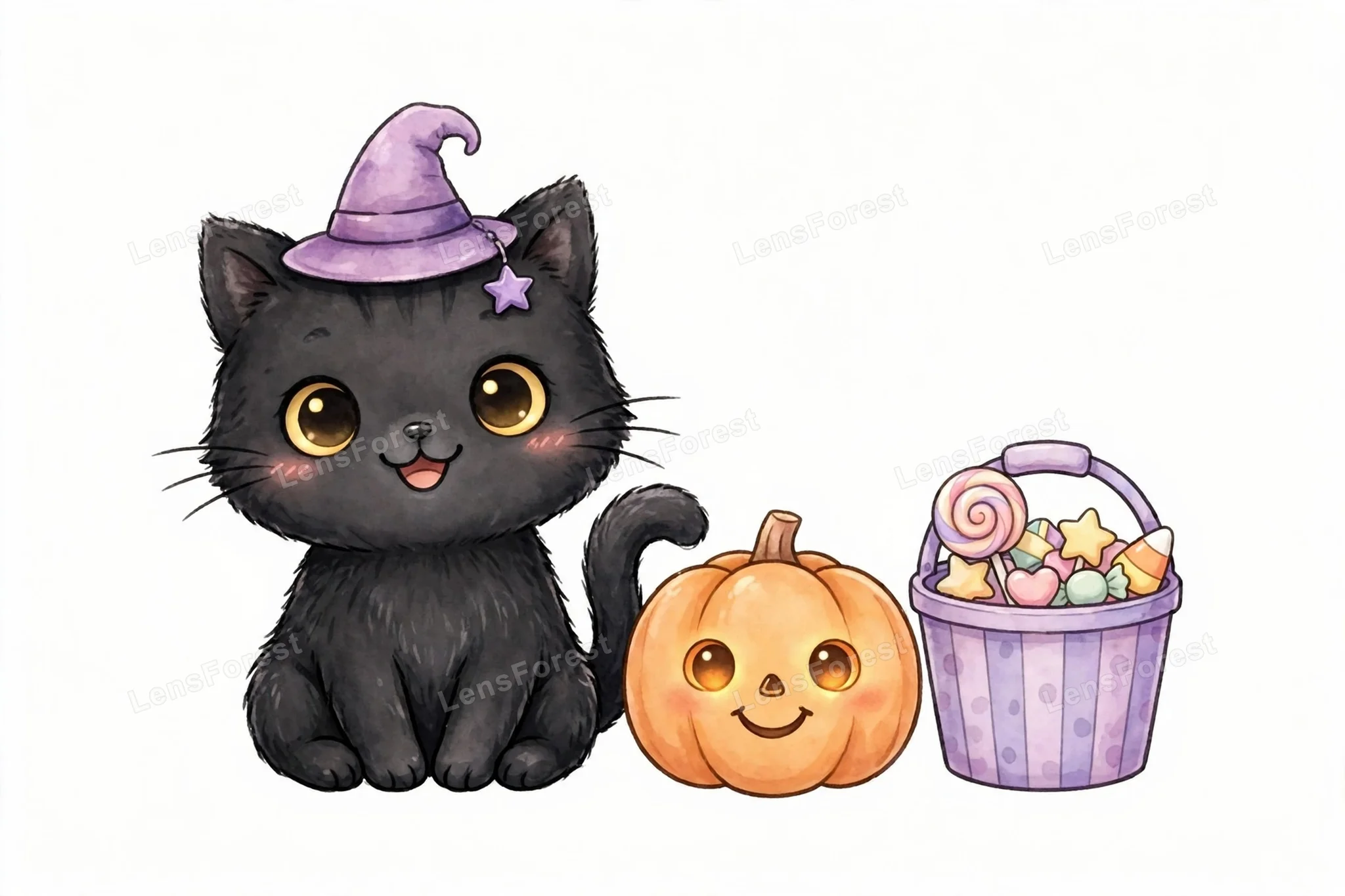 Cute kawaii illustration of a black cat wearing a tiny purple witch hat, sitting beside a smiling pumpkin and a bucket of Halloween candy on a white background