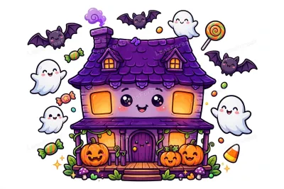 Cute smiling haunted house with a deep purple roof, friendly ghosts, bats and jack-o'-lantern pumpkins — kawaii Halloween illustration on a white background