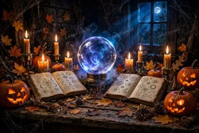 Halloween stock photo of a witch's rustic wooden altar with open spell books, a glowing crystal ball, lit candles, carved jack-o-lanterns and autumn leaves in a dark moonlit room