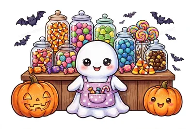 Cute cartoon ghost shopkeeper at a Halloween candy shop with candy jars, jack-o-lanterns, lollipops and bats on a white background