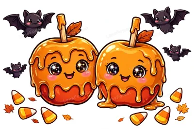 Cute kawaii cartoon illustration of two smiling caramel apples with dripping caramel, candy corn and friendly bats for Halloween