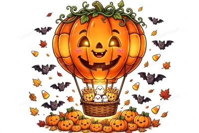 Cute kawaii cartoon illustration of a smiling jack-o-lantern hot air balloon carrying friendly ghosts and candy buckets, floating above smiling pumpkins with bats, candy corn and autumn leaves on a white background