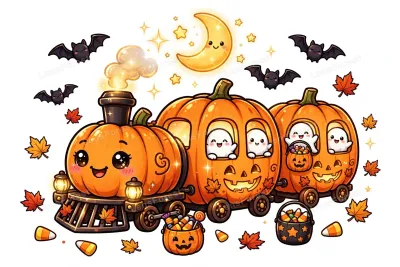 Cute smiling pumpkin train with ghost passengers, candy corn, bats and autumn leaves — kawaii Halloween illustration