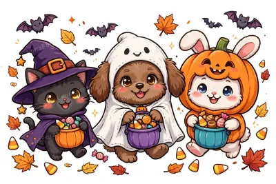 Cute kawaii Halloween illustration of a trick-or-treat animal parade: a black cat in a witch hat, a puppy in a ghost costume and a bunny in a pumpkin costume carrying candy buckets, with candy corn, bats and autumn leaves