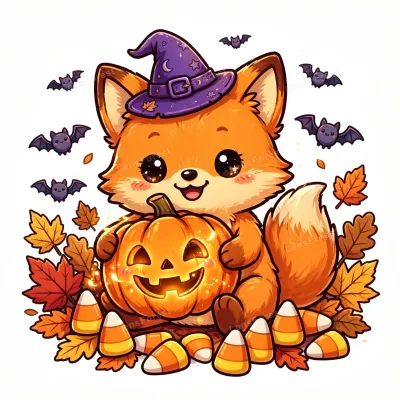 Cute kawaii cartoon illustration of a smiling orange fox wearing a tiny purple witch hat and holding a glowing jack-o-lantern pumpkin, surrounded by candy corn, autumn leaves and bats on a white background
