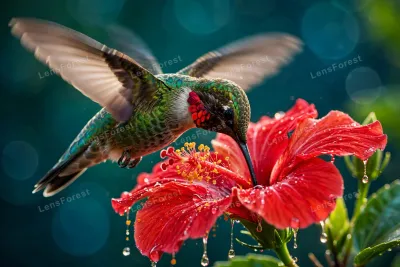 Ruby-throated hummingbird with iridescent green feathers drinking nectar from a vivid red hibiscus flower