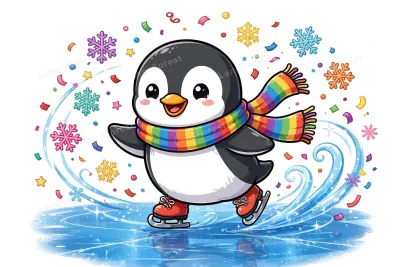 Cute cartoon penguin wearing a colorful rainbow scarf ice skating on blue ice with snowflakes