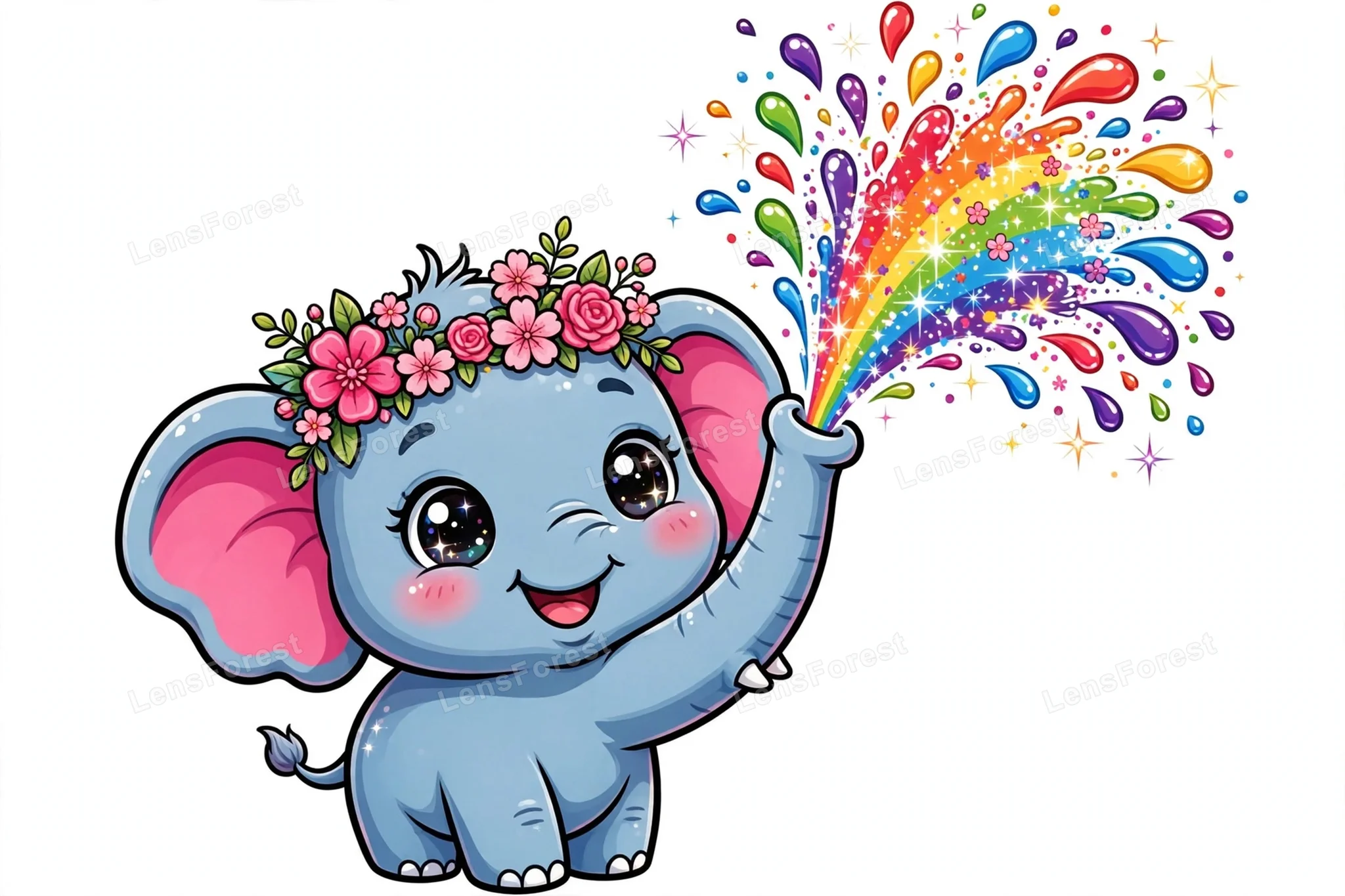 Adorable cartoon baby elephant wearing a pink flower crown and spraying colorful rainbow water drops from its trunk on a white background