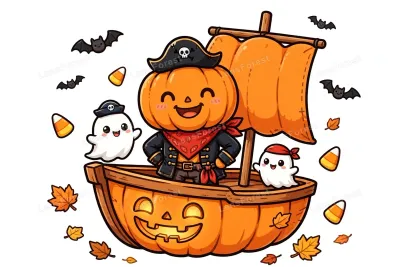 Cute kawaii illustration of a smiling pumpkin pirate captain in a pirate hat with two friendly ghost crew members sailing a glowing jack-o-lantern ship, candy corn, bats and autumn leaves on a clean white background