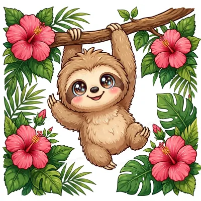 Cute smiling cartoon sloth hanging from a tropical tree branch surrounded by pink hibiscus flowers and green leaves, kawaii animal illustration