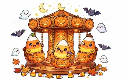 Cute kawaii cartoon illustration of smiling candy corn characters riding a glowing pumpkin carousel with friendly ghosts and bats