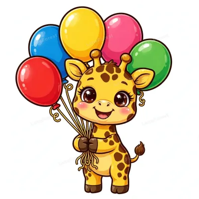 Cute cartoon baby giraffe with big happy eyes holding colorful balloons on white background