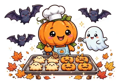 Cute kawaii illustration of a smiling pumpkin chef baking Halloween cookies with a tiny ghost helper, bats and autumn leaves on white background
