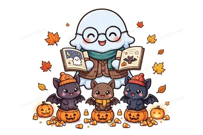 Adorable kawaii cartoon illustration of a smiling ghost librarian with round glasses reading a spooky storybook to three cute baby bats in tiny hats sitting on jack-o-lantern stools, with candy corn and autumn leaves on a white background