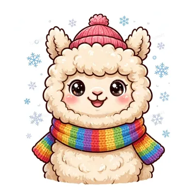 Kawaii cartoon illustration of a fluffy smiling alpaca wearing a rainbow knit scarf and pink beanie hat with snowflakes on a clean white background