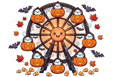 Cute kawaii cartoon illustration of a smiling Halloween Ferris wheel with glowing jack-o-lantern pumpkin gondolas carrying tiny friendly ghost riders, surrounded by candy corn, bats and autumn maple leaves on a white background