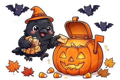 Cute cartoon baby raven wearing a witch hat delivering Halloween letters into a glowing jack-o'-lantern mailbox with bats, candy corn and autumn maple leaves on white background