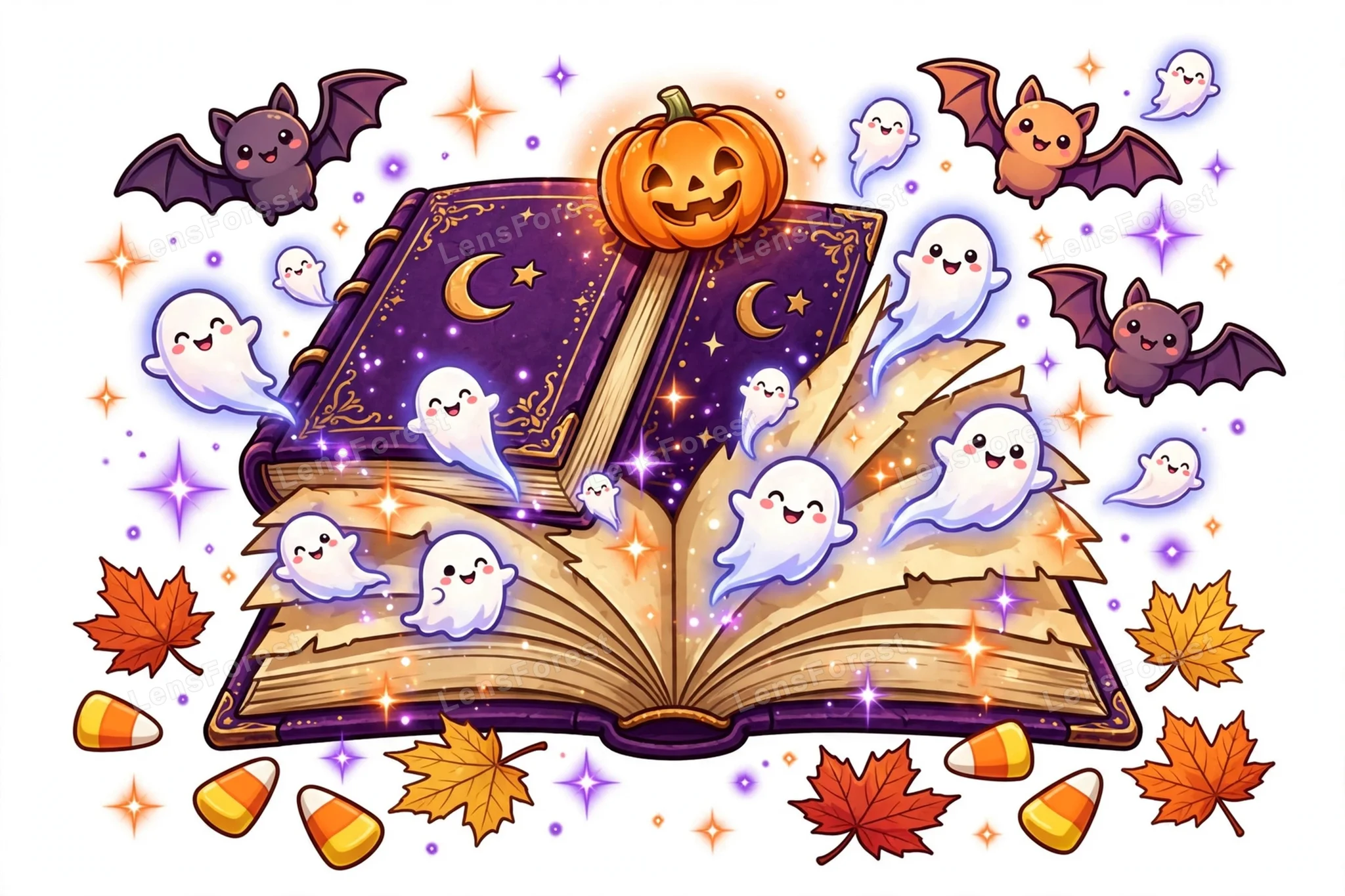 Cute kawaii cartoon illustration of a smiling witch's spellbook with magical pages flying out as tiny ghosts and friendly bats, a glowing jack-o-lantern pumpkin on top, candy corn and autumn maple leaves on a white background