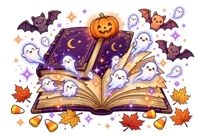 Cute kawaii cartoon illustration of a smiling witch's spellbook with magical pages flying out as tiny ghosts and friendly bats, a glowing jack-o-lantern pumpkin on top, candy corn and autumn maple leaves on a white background