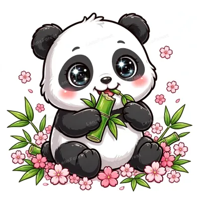 Cute kawaii baby panda munching green bamboo surrounded by pink cherry blossoms on a white background