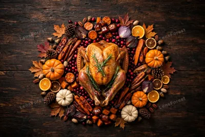 Top-down flat lay of a golden roasted turkey with rosemary surrounded by cranberries, roasted vegetables, mini pumpkins, orange slices, pecans, acorns, pine cones and autumn maple leaves on a dark rustic wooden table