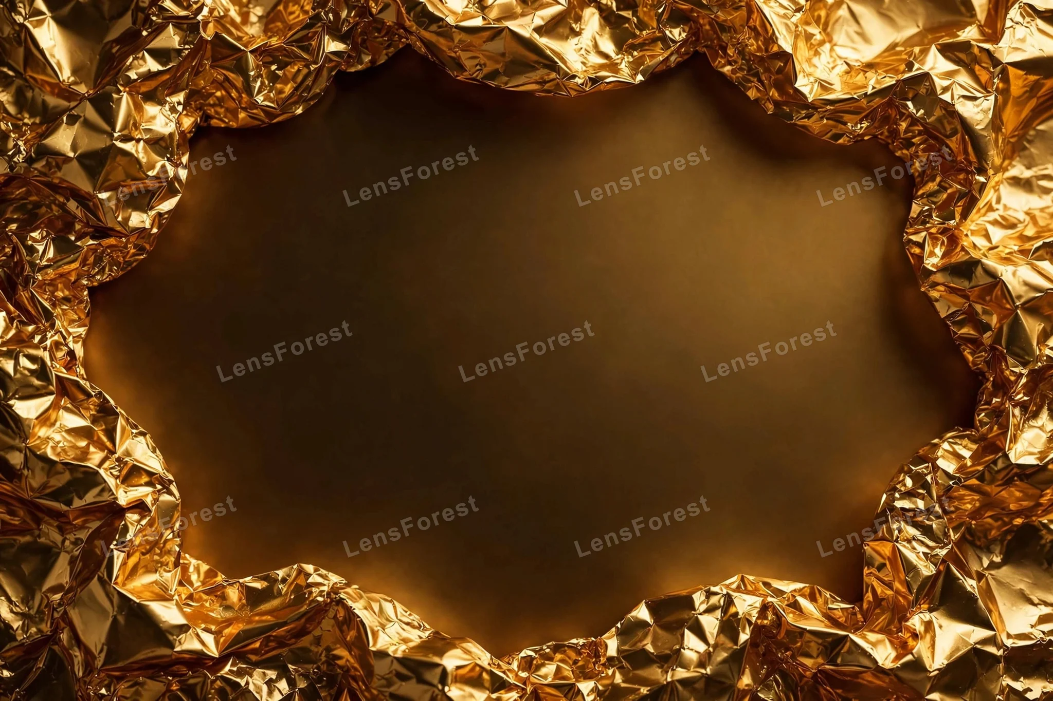 Luxurious crinkled gold foil texture background with empty copy space for text
