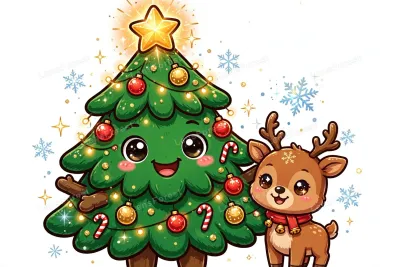 Cute kawaii cartoon illustration of a smiling decorated Christmas tree with a baby reindeer friend, glowing golden star, red and gold ornaments, candy canes and blue snowflakes on a clean white background