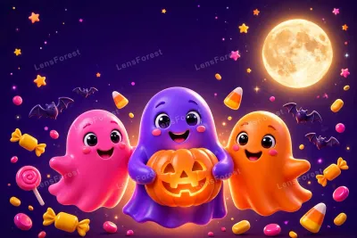 Cute glossy clay-style 3D render of three smiling cartoon ghosts — pink, purple and orange — the purple ghost hugging a glowing jack-o-lantern, surrounded by candy corn, wrapped candies, lollipops and tiny bats under a glowing full moon on a deep purple n