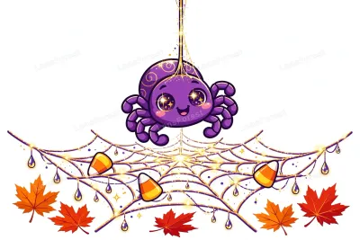 Cute cartoon spider hanging from a sparkling silk thread above a glowing cobweb with candy corn and autumn maple leaves, Halloween illustration
