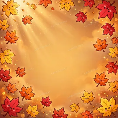 Cute kawaii autumn background with smiling maple leaves falling in warm golden light and empty copy space in the center