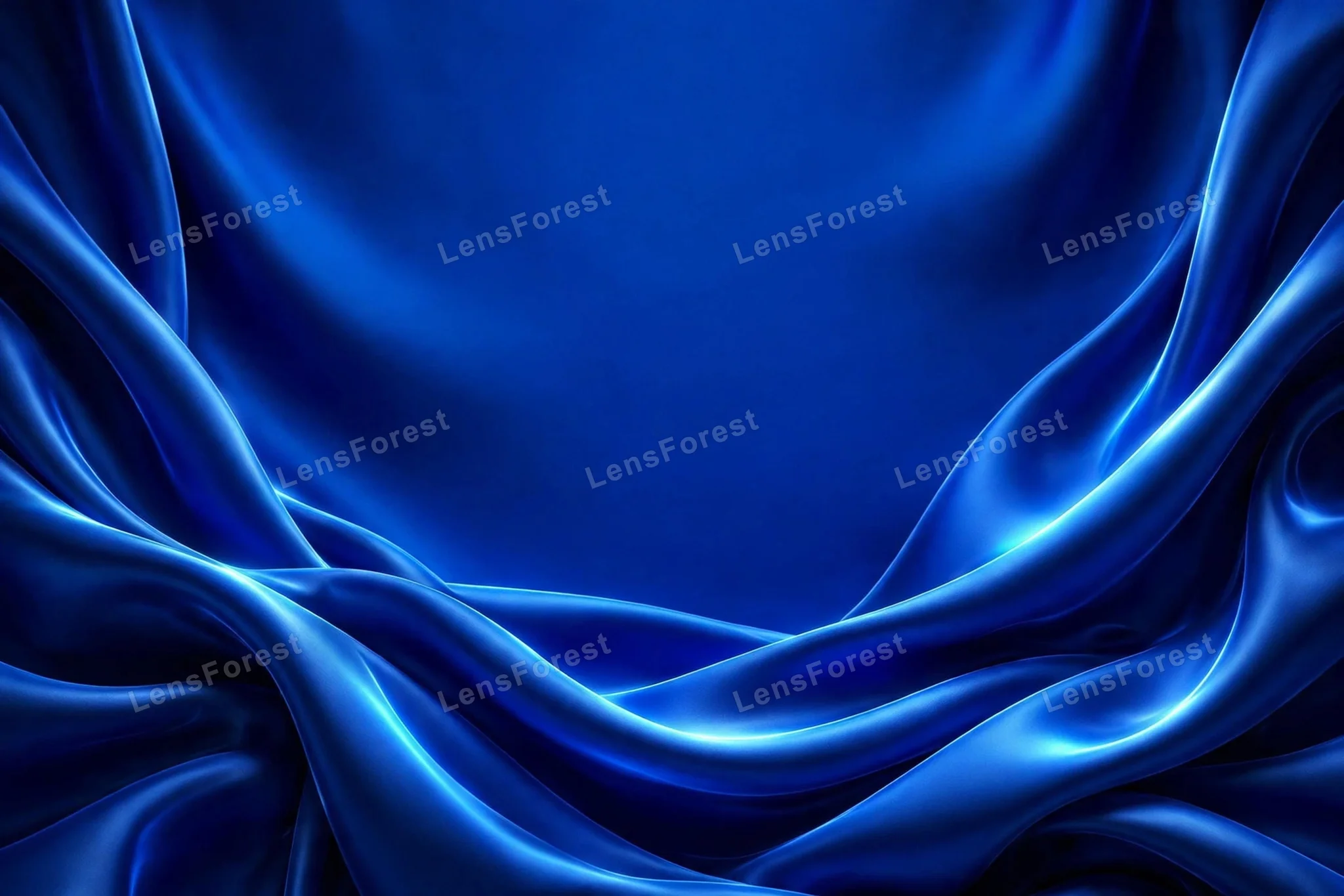 Photorealistic royal blue silk fabric texture background with smooth flowing folds and empty copy space in the upper center
