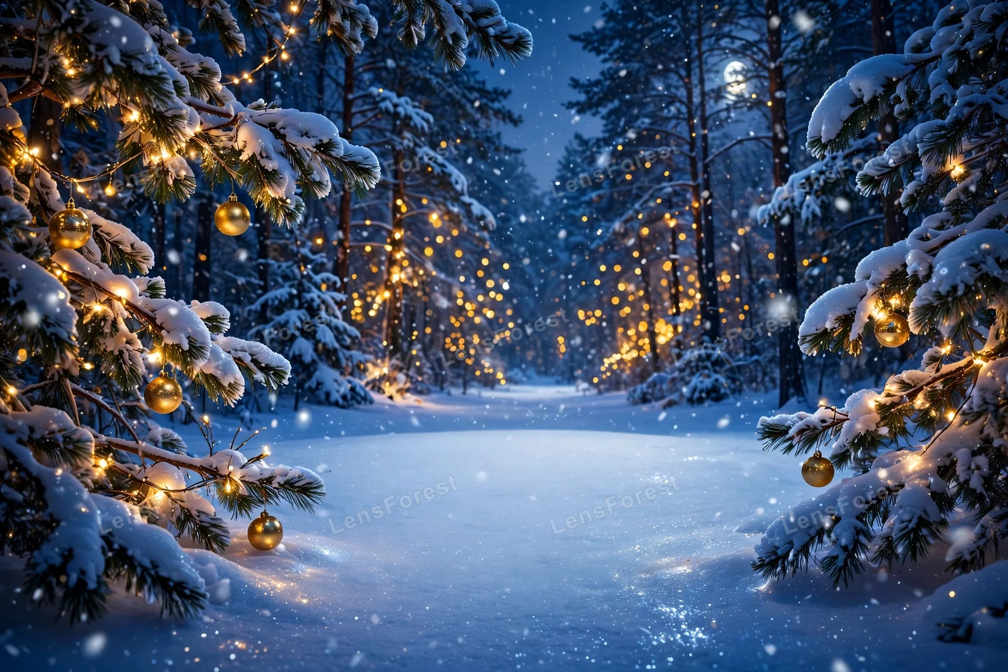 Photorealistic winter night background of a snow-covered forest path at twilight with tall snow-laden pine trees, glowing golden Christmas ornaments, sparkling fairy lights, falling snowflakes and a deep indigo sky with empty central copy space