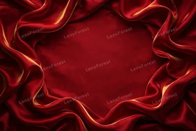 Deep crimson red silk fabric texture background with flowing folds and empty copy space