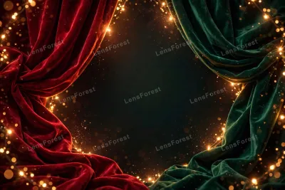 Festive Christmas velvet background with red and green drapes and golden bokeh lights, with empty copy space