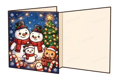 Kawaii Christmas greeting card template — smiling snowman family, decorated Christmas tree with golden baubles, kitten in Santa hat, candy canes and snowflakes, with a blank inside panel for your own greeting message