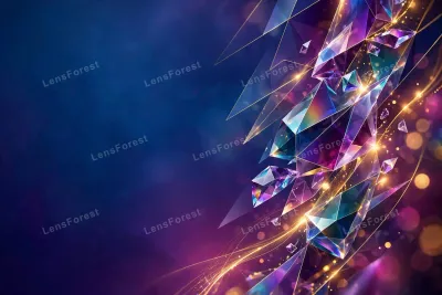 Abstract geometric background with glowing crystal facets in sapphire, magenta and gold on deep blue-purple gradient, with empty copy space on the left