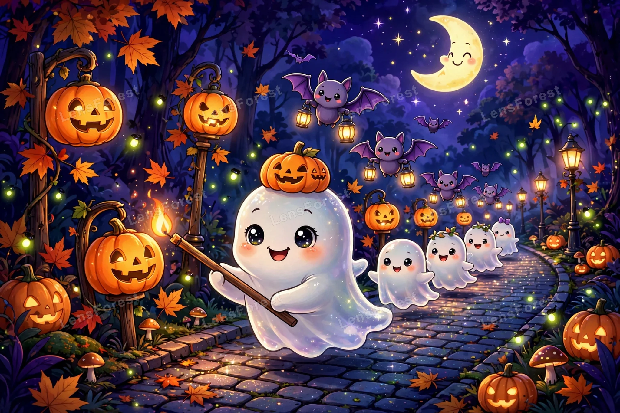 Cute spooky Halloween illustration of a smiling baby ghost in a pumpkin hat lighting a row of glowing jack-o'-lantern street lanterns on a cobblestone night path, with tiny ghost kids and purple bats carrying lanterns under a smiling crescent moon