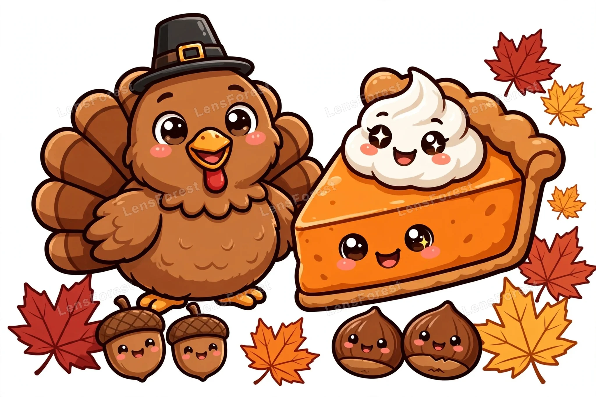 Cute kawaii smiling turkey in pilgrim hat with pumpkin pie slice, acorns, chestnuts and autumn maple leaves on white background