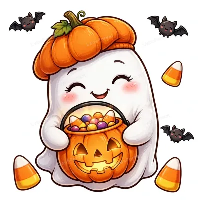 Cute kawaii friendly ghost wearing a pumpkin beret hat hugging a glowing jack-o'-lantern candy bucket, candy corn and smiling bats, white background
