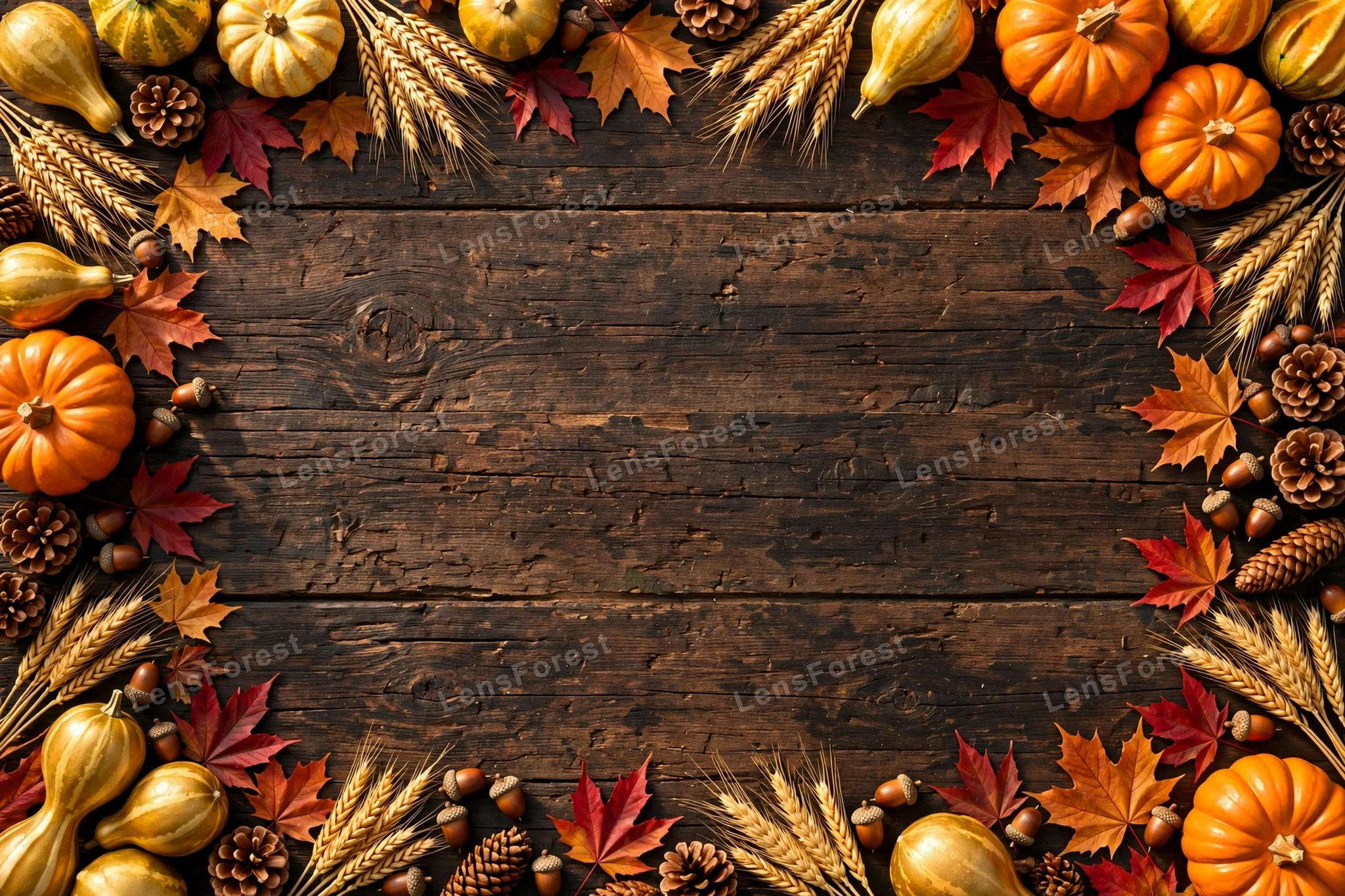 Rustic Thanksgiving background flat-lay on dark wood: ripe pumpkins, golden gourds, crimson maple leaves, acorns, pinecones and wheat sprigs framing a large empty copy space