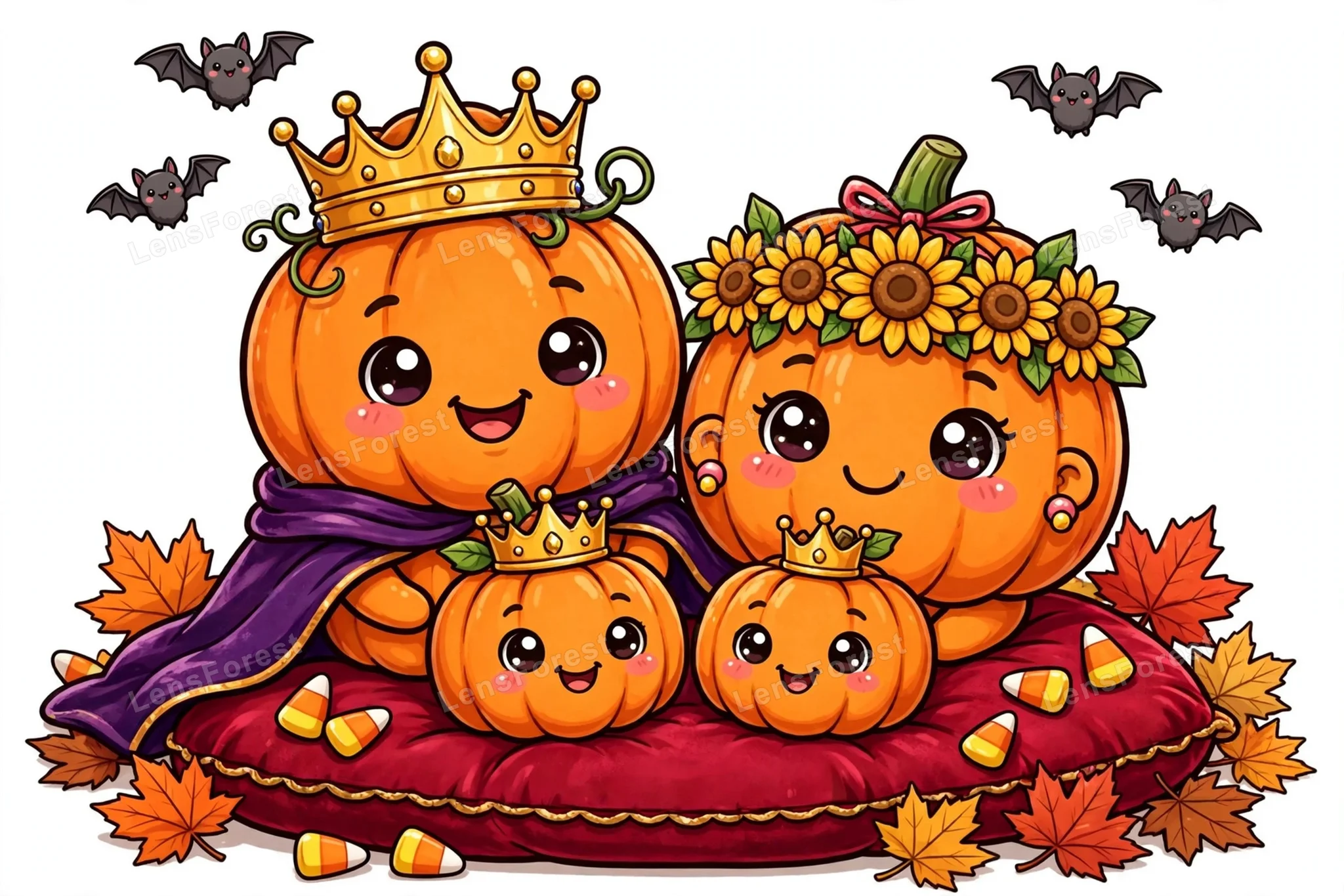 Cute kawaii cartoon illustration of a royal pumpkin family — king pumpkin with golden crown, queen pumpkin with sunflower crown and two baby pumpkins with tiny crowns on a red velvet cushion with candy corn and autumn maple leaves