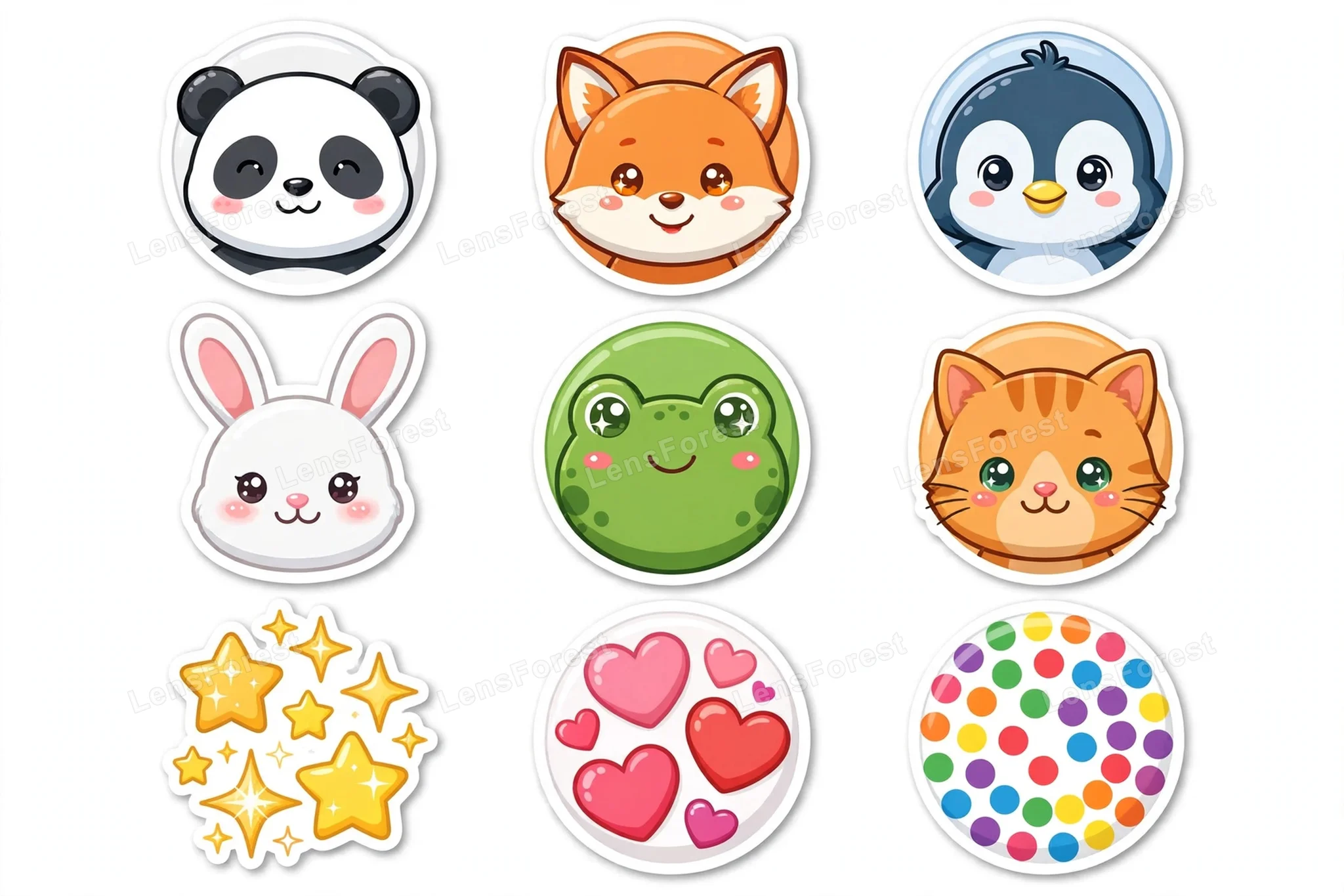 Cute kawaii scrapbook sticker sheet on white background with glossy smiling animal face stickers — panda, fox, penguin, bunny, frog and cat — plus star, heart and rainbow dot stickers