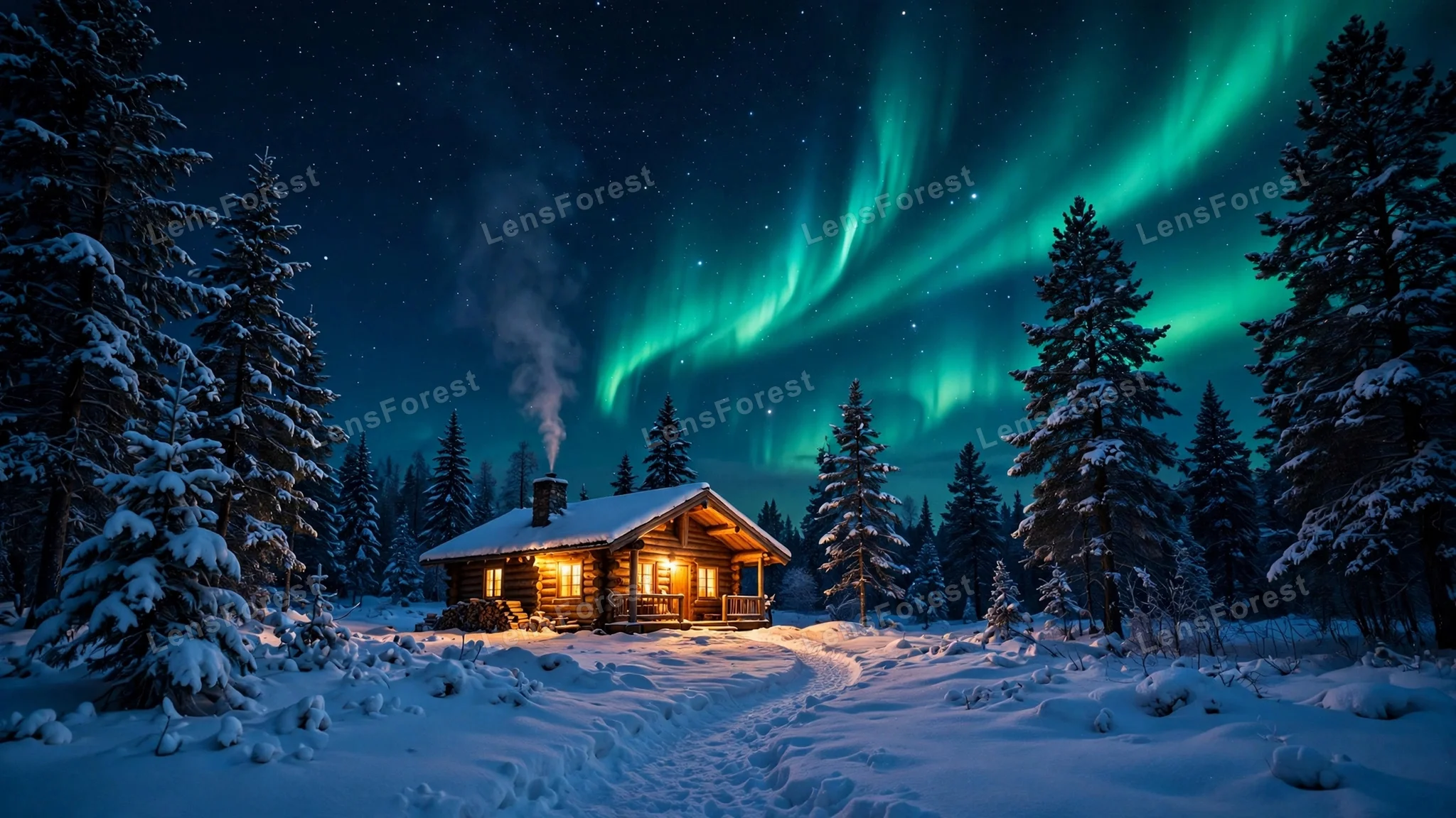 Photorealistic winter night landscape of a cozy log cabin with glowing golden windows in a snow-covered forest, teal-green northern lights dancing across a starry indigo sky