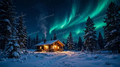 Photorealistic winter night landscape of a cozy log cabin with glowing golden windows in a snow-covered forest, teal-green northern lights dancing across a starry indigo sky