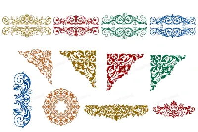 Ornamental calligraphy flourish pack with elegant swirl dividers, corner ornaments and scrollwork in deep gold, ruby red, emerald and sapphire on white background