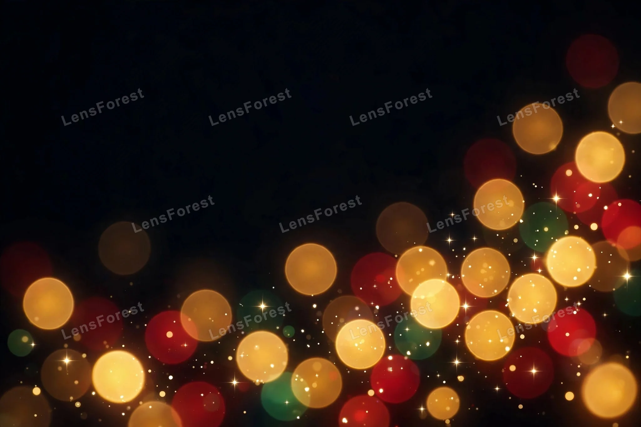 Festive golden Christmas bokeh lights wallpaper with warm gold, amber, ruby red and emerald bokeh orbs glowing on a deep black background with large empty copy space