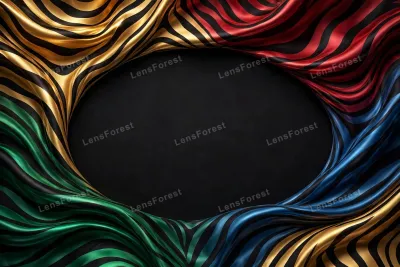 Luxury zebra stripe pattern background in glossy jewel tones — gold, emerald green, ruby red and sapphire blue flowing stripes over deep black, with a large smooth empty copy space in the center